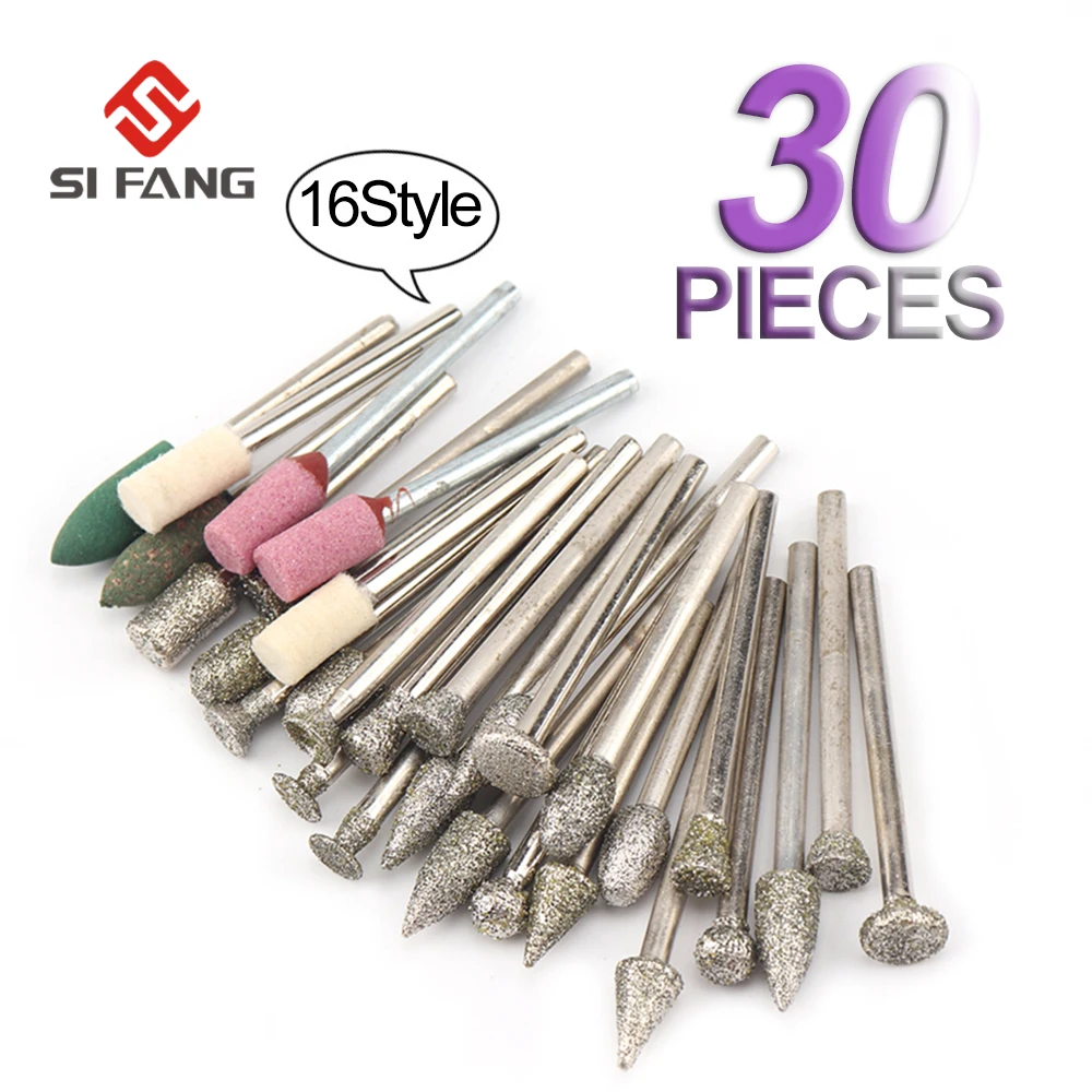 

30pcs Diamond Coated Cutting Burr Bit Diameter 6mm Chainsaw Sharpener Jade File Carving Rotary Tools Set for 3MM Shank