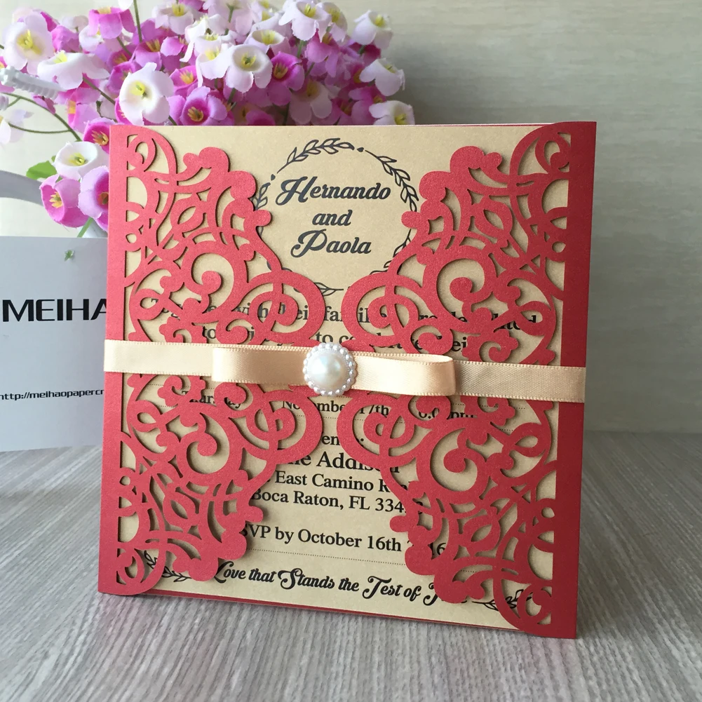 

50pcs/lot Chinese Style Invitation Cards & Bowknot Whole Set ,Vintage Pattern Hollow Laser Cut , Wedding Formal Business Cards