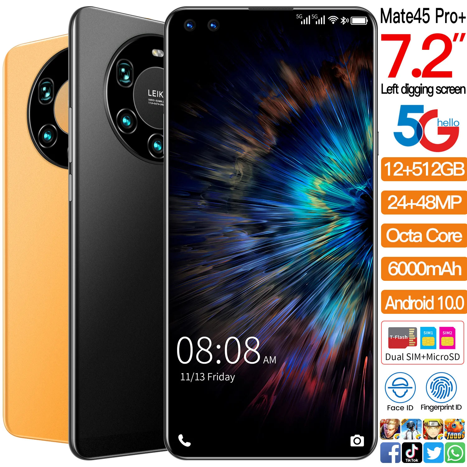 

Global Version Mate45 Pro+ 7.2in 4G 5G Smartphone 5000mAh 12+512G Android10 Cellphone Fingerprint Unlock Full Screen Mobilephone