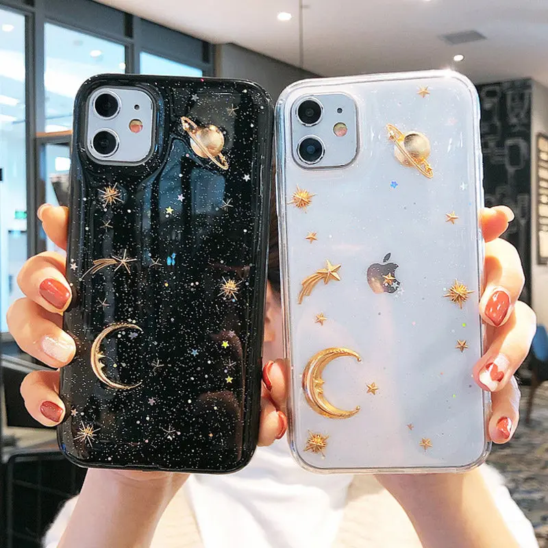 Clear Bling Moon Stars Phone Case For iPhone 13 Pro 12 7 8 6 6s Plus 11 Pro X XR XS Max Glitter Planet Soft TPU Silicone Cover