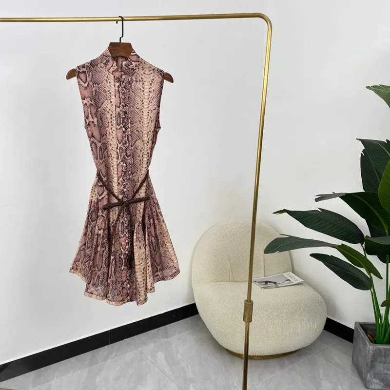 

High Quality Cotton Autumn Women Fashion A-line Multi Leopard Sleeveless Mini Dresses With Sashes