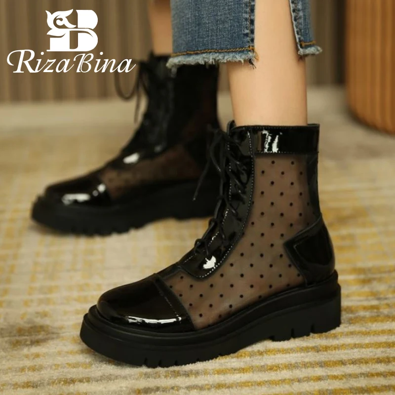 

RIZABINA 2021 Women Real Leather Summer Boots Round Toe Cross Ctrap Dot Pattern Platform Shoes Female Footwear Size 34-43