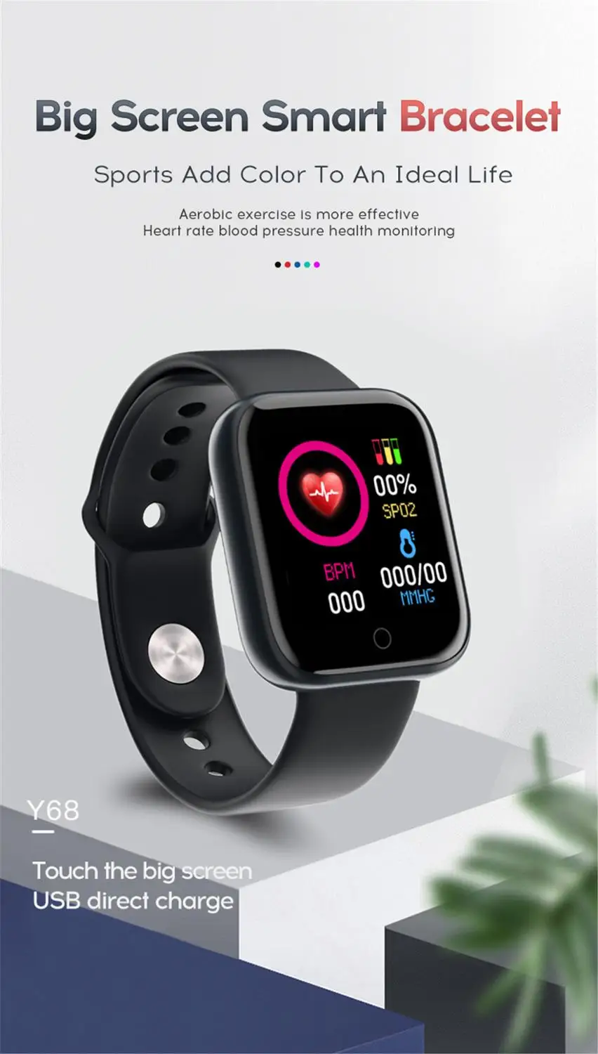 Y68 BT 5.0 smart watch heart rate monitor wristband alarm clock step for exercise mens women android ios electronics | Электроника