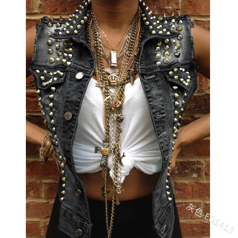 Джинсовое платье майка Для женщин на весну в стиле панк с заклепками отложной