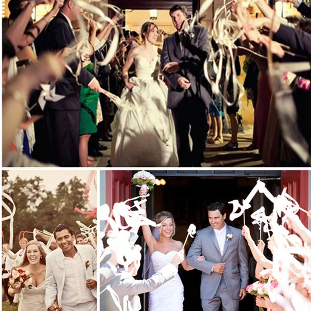 50 Uds encaje blanco cinta varitas para boda con oro Bell 20 piezas Uds cinta de la boda Hada de palo girando serpentinas fiesta Prop varitas-5