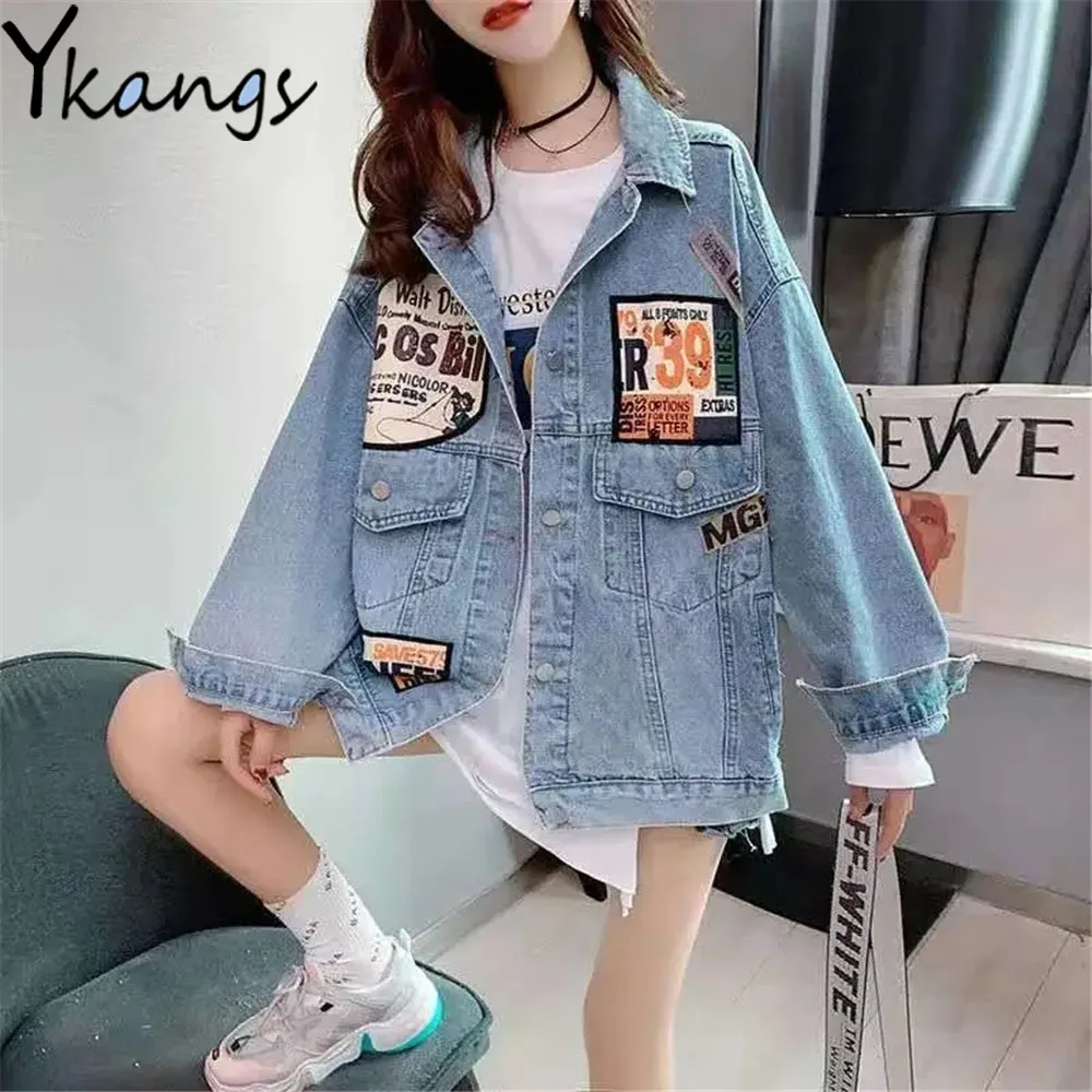 

Patches Desigual Loose Single Breasted Jean Jackets Women Streetwear Harajuku Denim Coat Pocket Stitching Korean Fashion Outwear