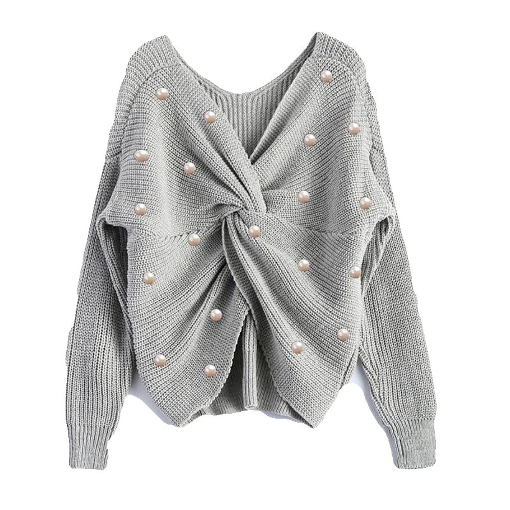 

2021 Deep V Neck Pearl Sweater Free size Autumn Sexy Knitted Jumpers Female Pullovers Pearl Irregular Backless M839