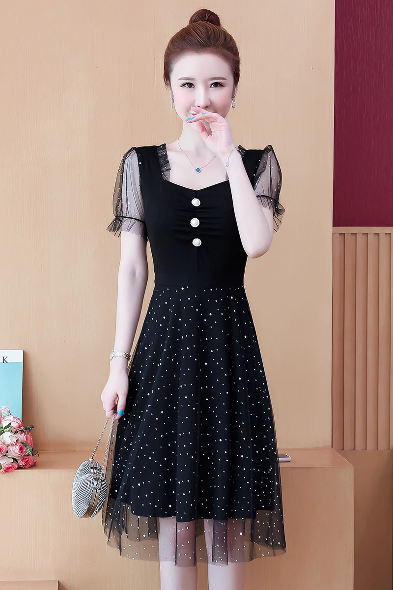 

COIGARSAM 5XL Plus Size Patchwork Women one-piece dress korean Summer Sequins Mesh High Waist Dresses 9219