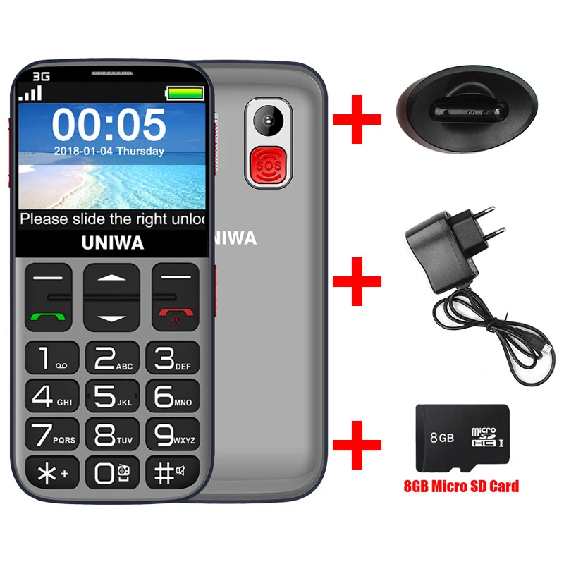 Gray add 8GB card 3g WCDMA мобильный телефон с русской клавиатурой 2,31 дюймов gsm 1400 мАч кнопочный SOS FM дешевый разблокированный односимочный мобильный телефон для пожилых людей - Цвет: Gray add 8GB card