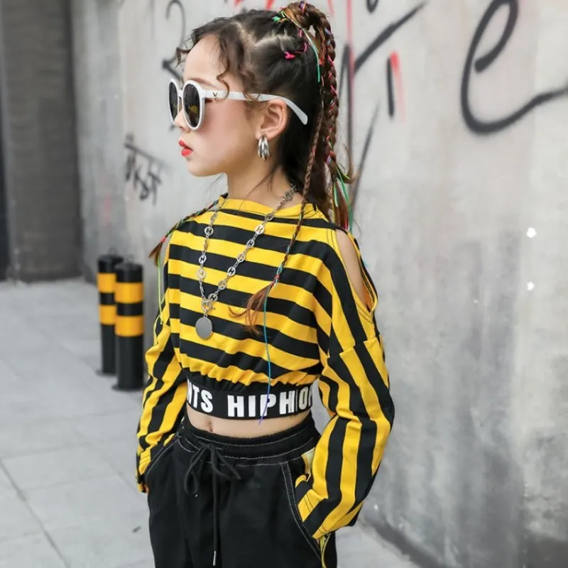 

10 Year Old Yellow Striped Strapless Sportswear Spring Autumn Hip-hop Overalls College Style Fashion Two Piece Halloween Clothes