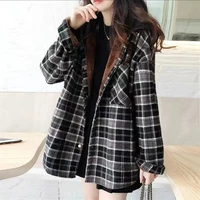 jacket women autumn winter all match 2022 new style women korean mid length hooded fleece thickening plaid shirt coat m253