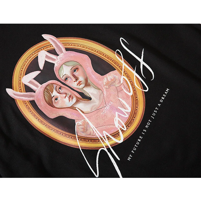 

JING ZHE Loose Tees Shirts Men Cartoon Two Rabbit Girls Printed T-Shirts Cotton Short Sleeve Tshirts Hip Hop Harajuku Streetwear