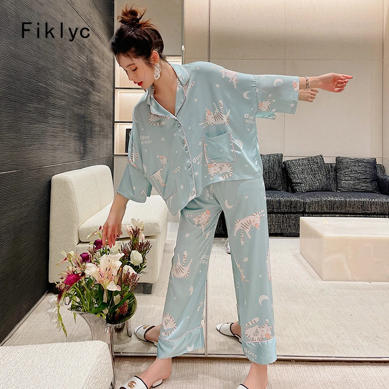 

Fiklyc Printed Cartoon New 2022 Spring Summer Loose Design Women's Pajamas Sets High Quality Satin Nightdress Female Home Cloth