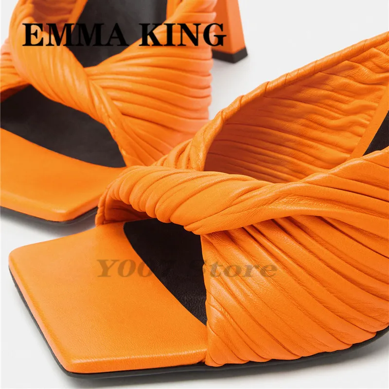 

2021 Summer Genuine Leather Mules Square Open Toe Slip-on High Heel Slippers Party Beach Ourdoor Runway Women Sandals Shoes