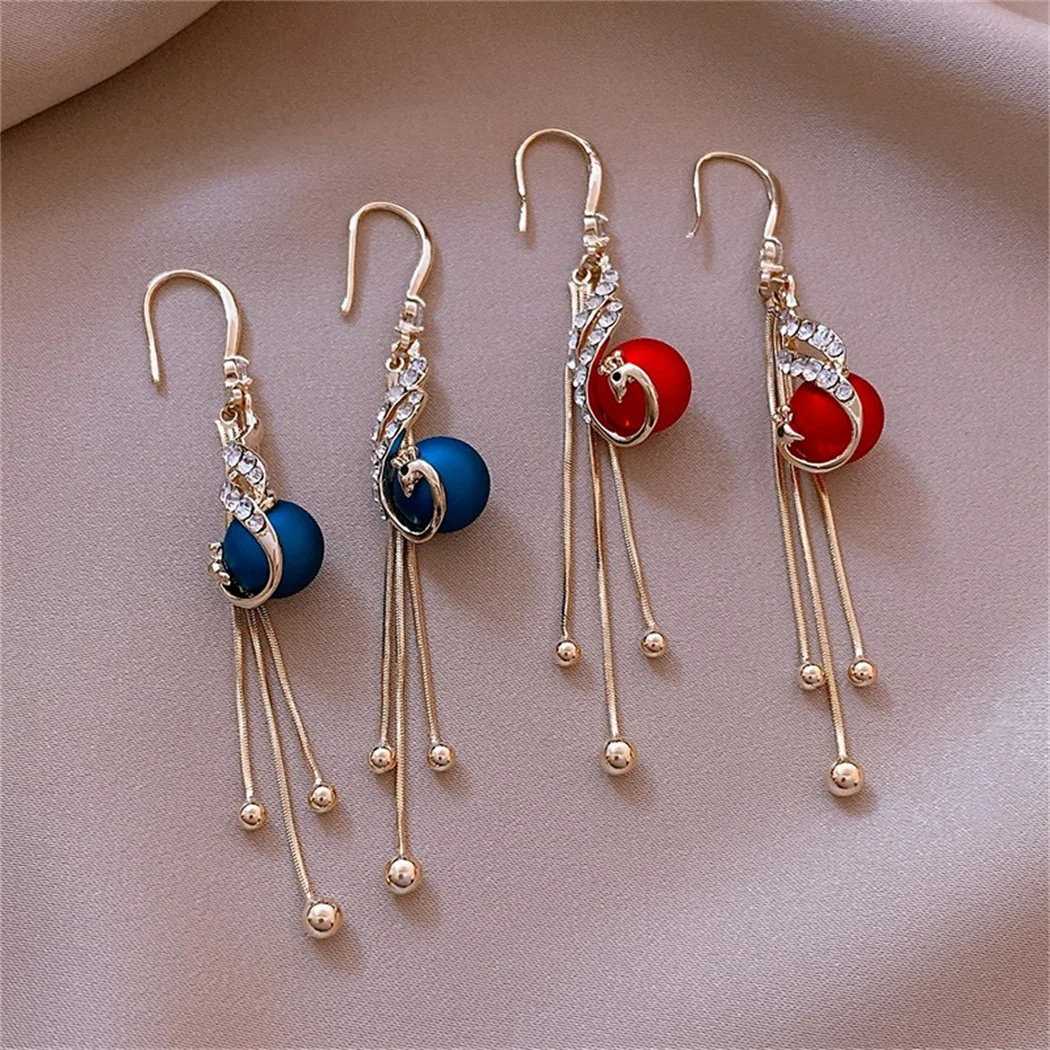 

S925 Japan and South Korea new analog blue peacock pearl tassel female earrings 2021 Spring Festival gift Vintage jewelry