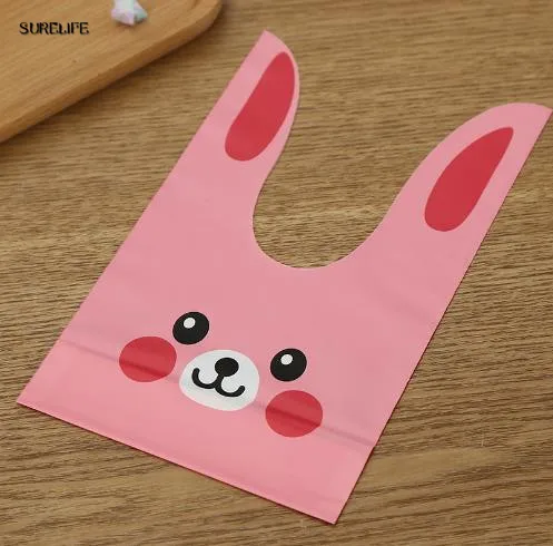 

100pcs/lot pink rabbit ear bags plastic candy biscuit snack Gift Packaging Bags party Supplies