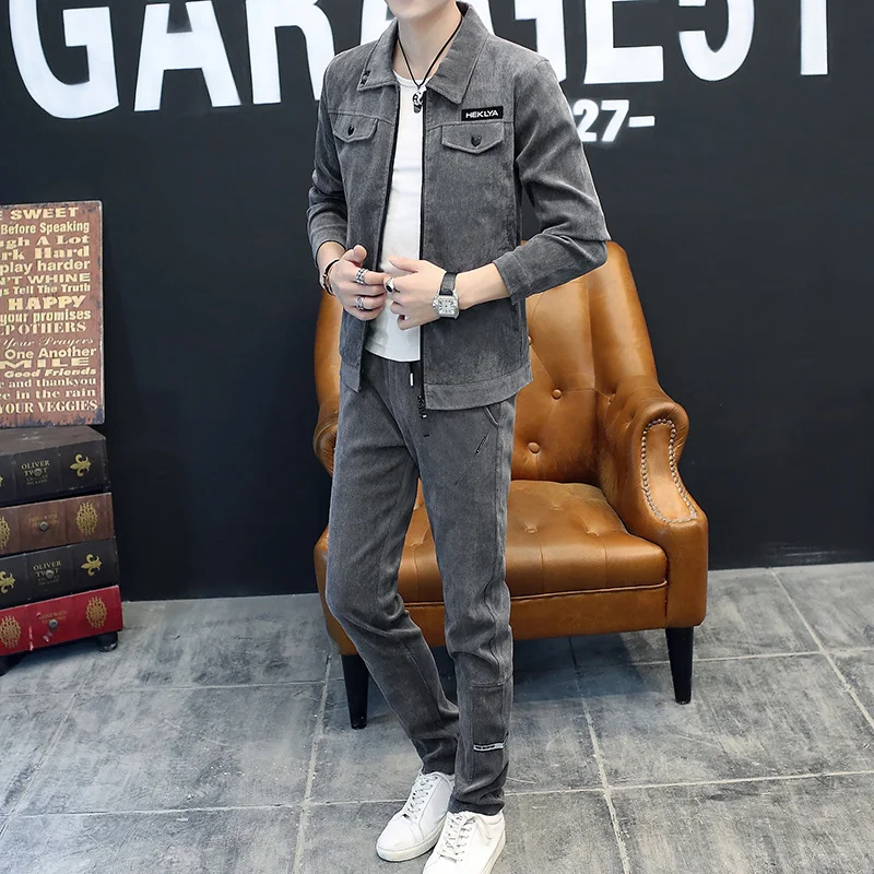 

Мужской повседневный костюм, новинка 2021, мужской вельветовый костюм из двух предметов, модный трендовый Корейский мужской костюм на осень и...