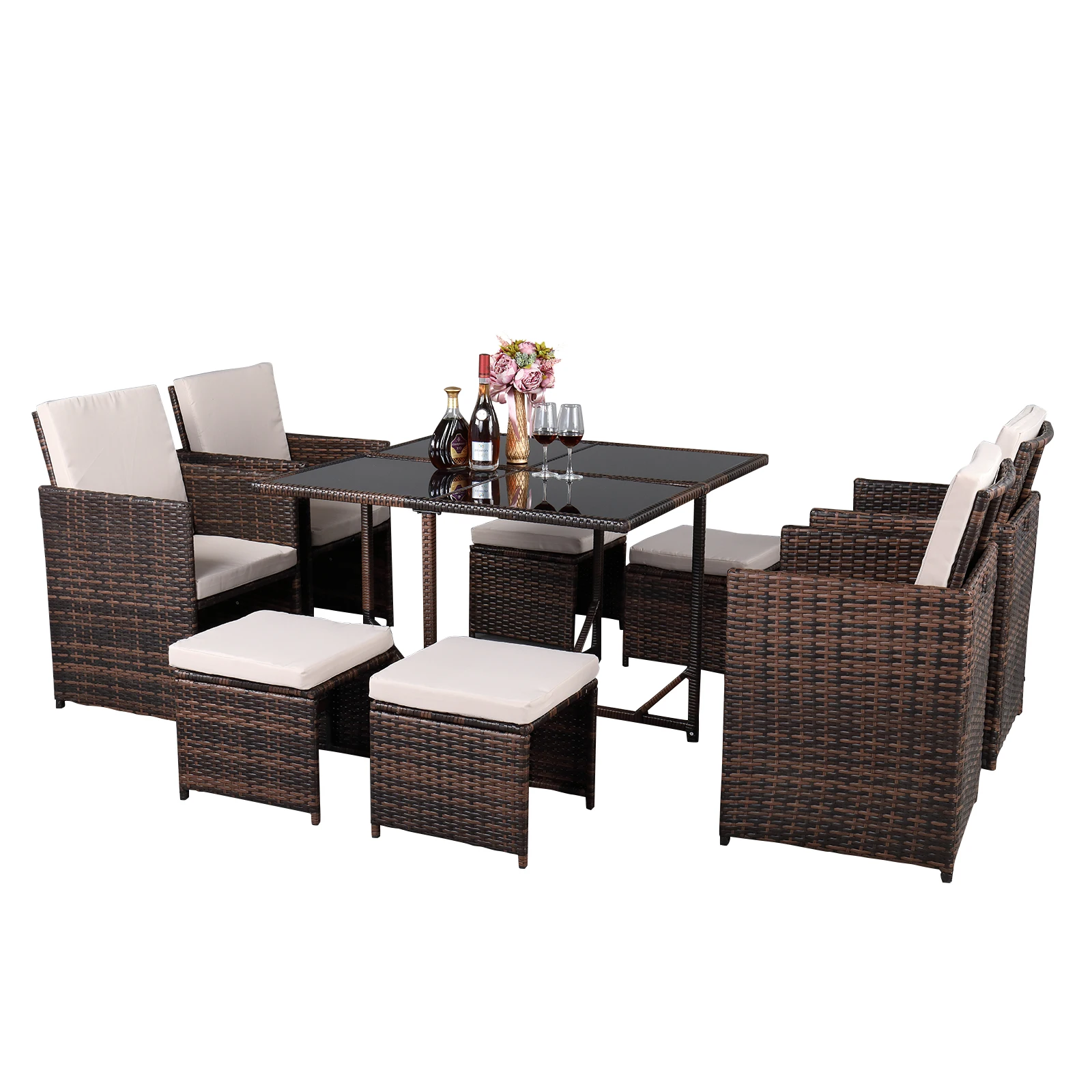 

9Pcs Outdoor Patio Table Chair Set Include 4 Single Chair + 4 Stool + 1 Table PE Rattan Iron Frame Brown Gradient[US-Stock]