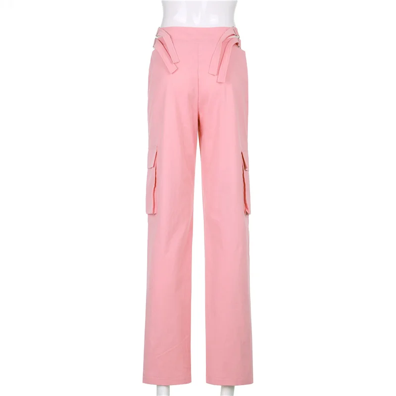 

Pink Baggy Wide Leg Trousers Female Big Pocket Patchwork Cargo Pants Streetwear Casual Waist Cut Out Straight Pants Y2K