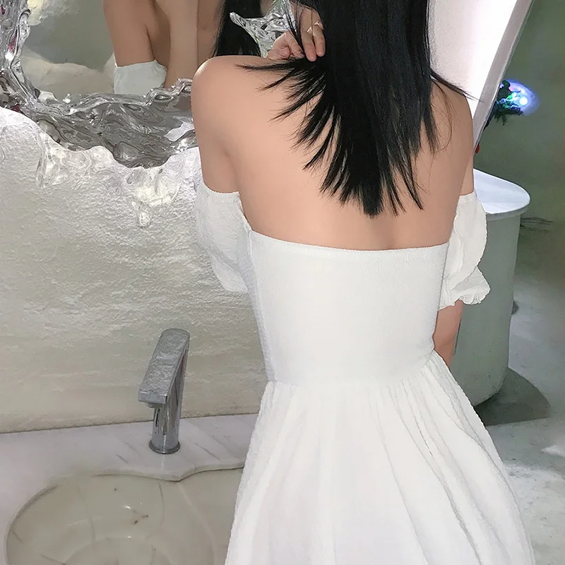 

2021 Summer Vintage Sexy Dress Women Causal Sliod Slash Neck Backless Slim Dresses Female Chest Wrapping Streetwear Party Dress