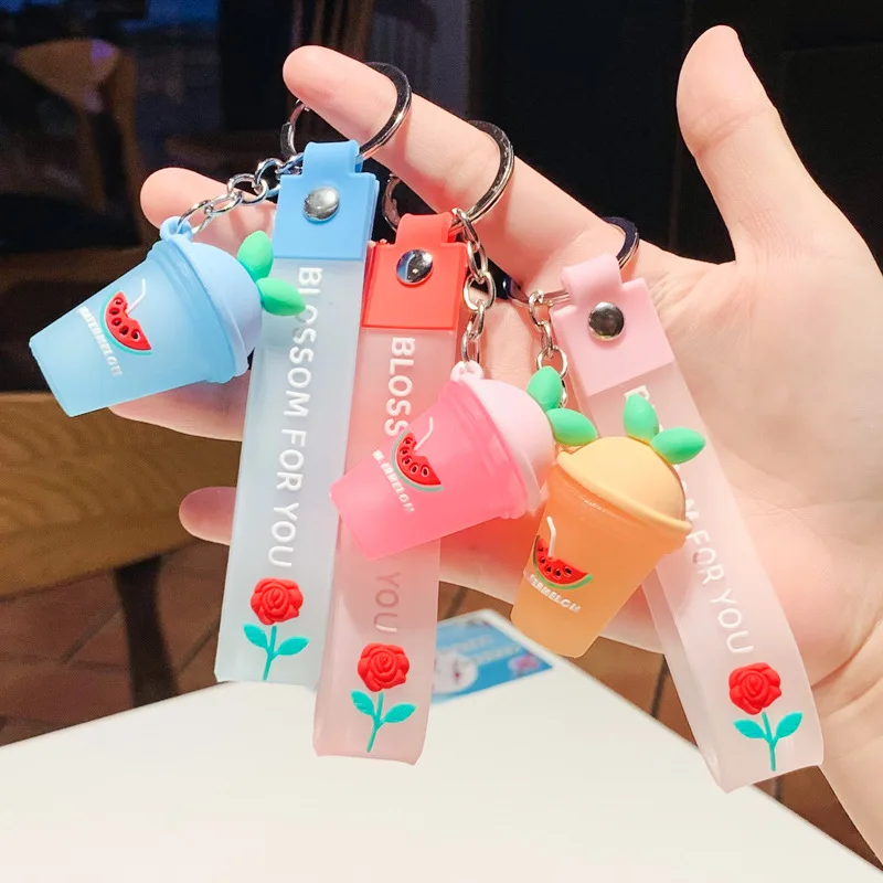 

8PCS/SET Creative Drink Milk Tea Cup Keychain PVC Soft Plastic Homemade Cute Simple Cartoon Pendant Bag Keyfob