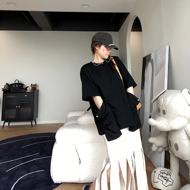 

Summer new style Korean fashion trendy detachable sleeves solid color casual slim Tees women