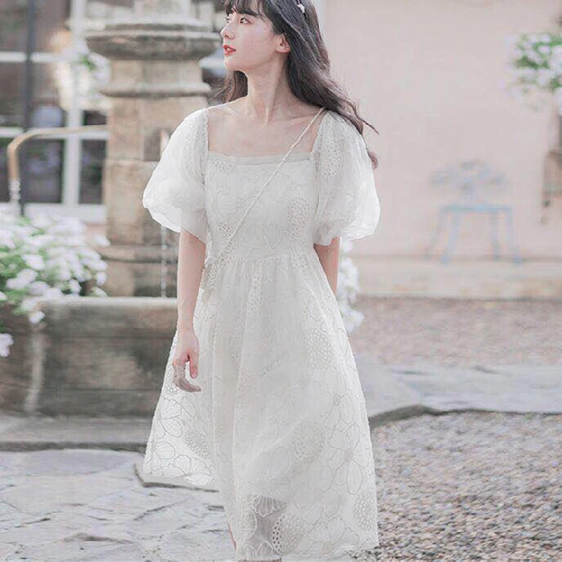 

Korean Midi Dress Women's Summer 2021 New French Vintage Casual Fairy Dress Female Puff Sleeve Lace Sexy Party One-pice Dresses
