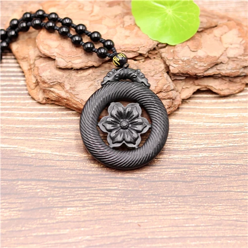 Натуральный черный зеленый китайский нефрит двусторонний резной цветок кулон