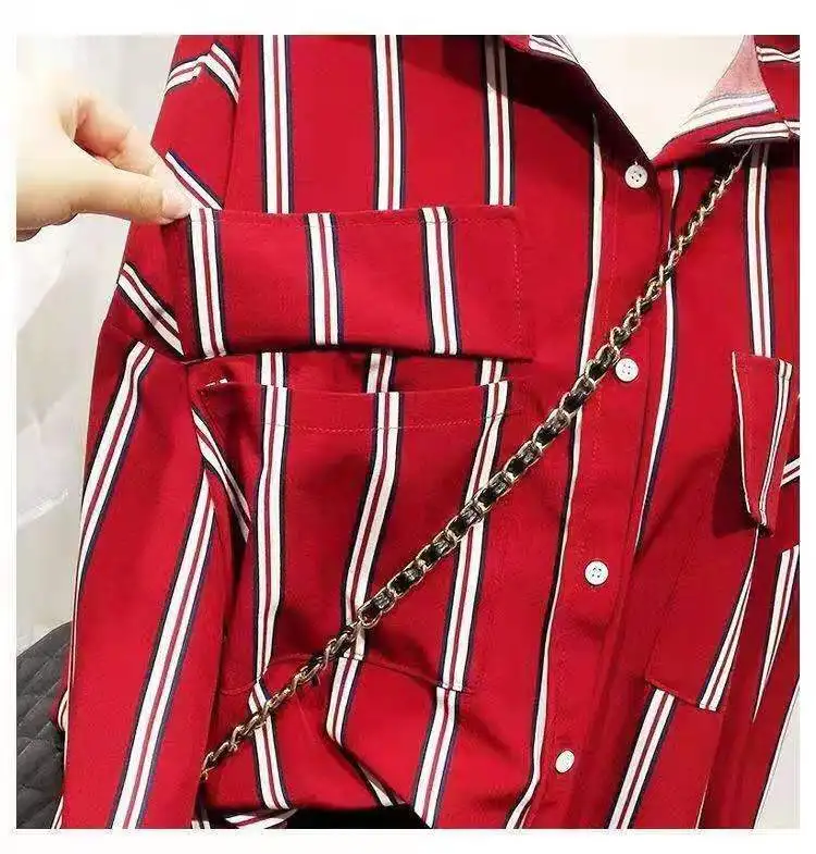 

Spring 2021 New Korean Fan Loose Striped Flip Pocket Shirt Small Fresh Student Super Fire Shirt Women's Casual Shirt Spring 202