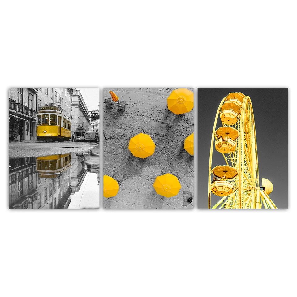 Скандинавский постер с ландшафтом колесо обозрения оранжевый автобус