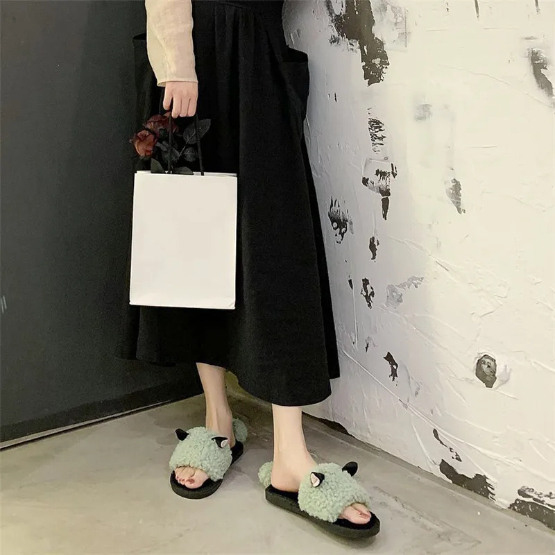 COOTELILI Woman Slippers Winter Shoes For Women New Fashion Sheep Faux Fur Flat Heel Pink Beige Plus Size 40 41 | Обувь