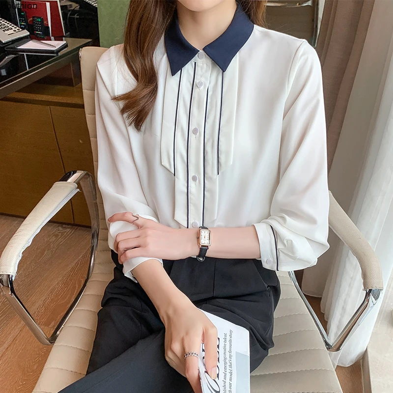 

Summer New Women's Blouses Polo Shirt Long Sleeve Top Solid Splicing Girl Chiffon Casual Fashion Lady Loose Clothing Houthion