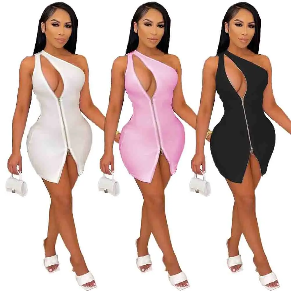 

Sexy Women Dress Hollow Out One Shoulder Front Zipper Bodycon Party Night Summer Clothes For Women