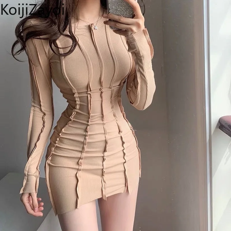 

Koijizayoi Fashion Woman Sheath Dress Solid Long Sleeves O Neck Korean Mini Short Sexy Club Dresses Chic Korean Vestidos Spring