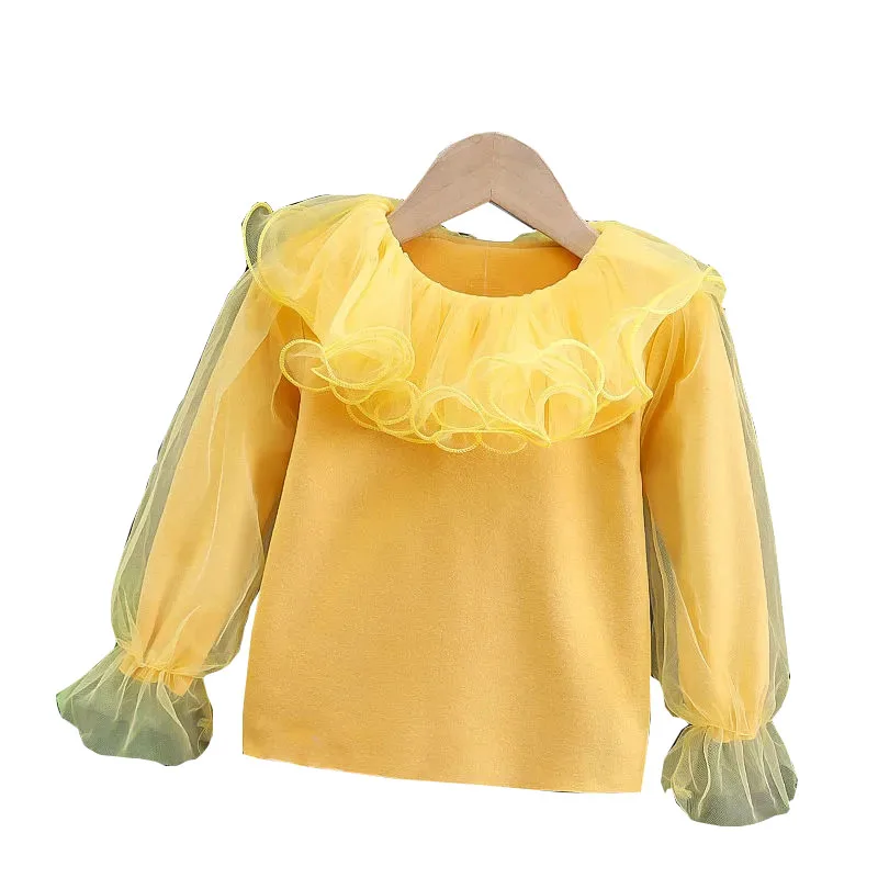 

Flared cuffs Girls' Bottoming Shirt Autumn Children's Long-Sleeved T-Shirt Mesh Patchwork Princess Seersucker Fashion Tops For