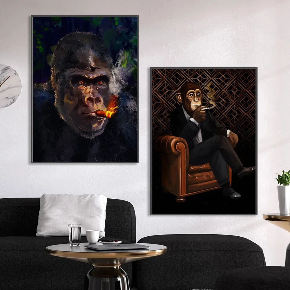 

Gorilla Smoking Cigar Canvas Painting Wall Art Posters and Prints On Sofa Smoking Picture for Living Room Modern Home Decoration