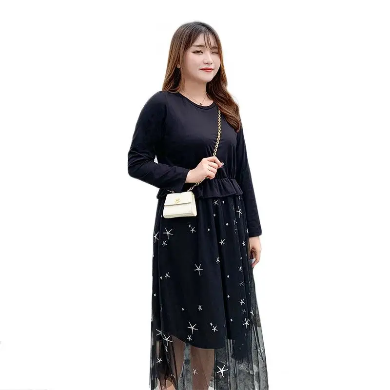 Женское платье в Корейском стиле черное Сетчатое большого размера с принтом