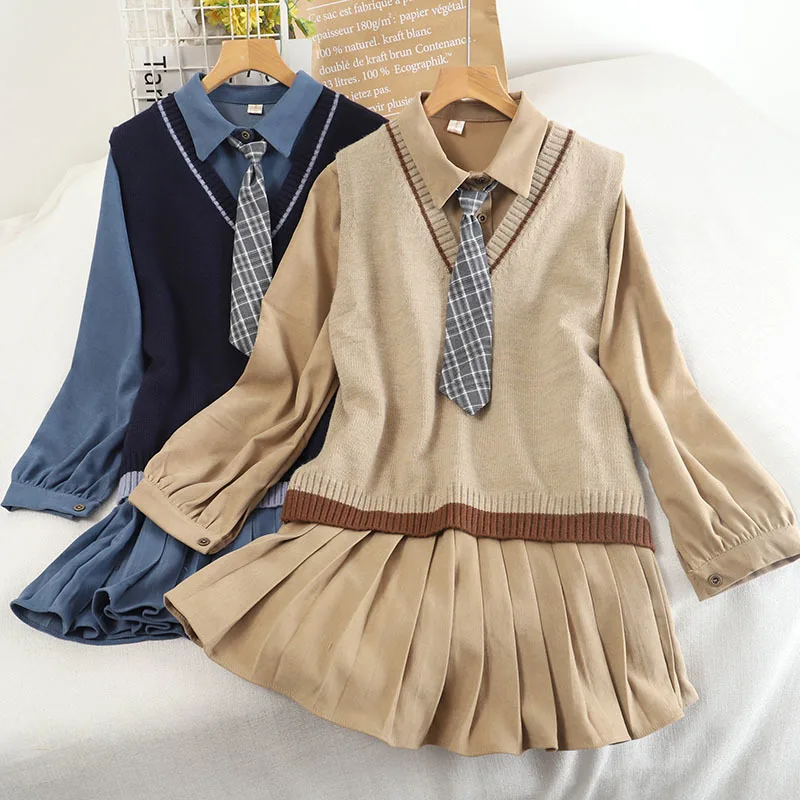 

Костюм женский в клетку и плиссированное платье, милая винтажная однотонная вязаная рубашка в Корейском стиле с поясом, костюм с топом, весн...