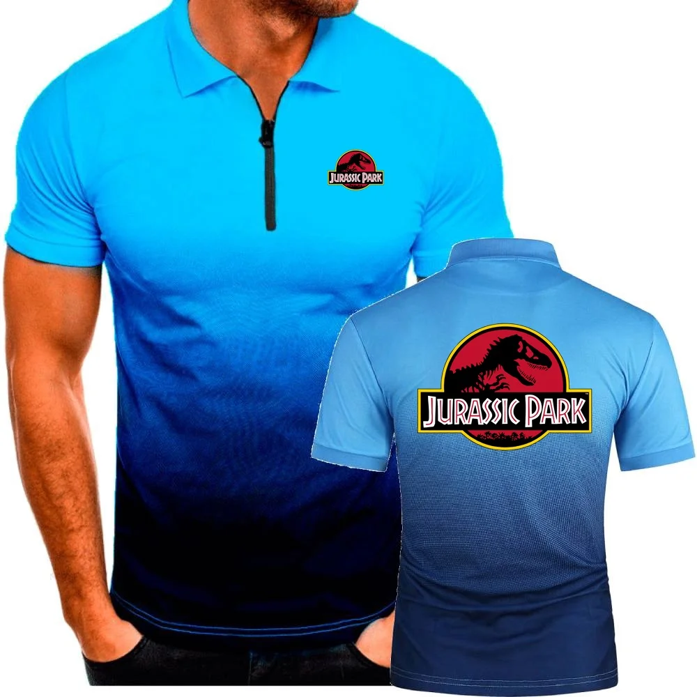 

Men Polo Shirts Zipper Lapel Short Sleeve Jersey JURASSIC PARK Dinosaur World TShirts Contrast Color Harajuku StreetWear Tops