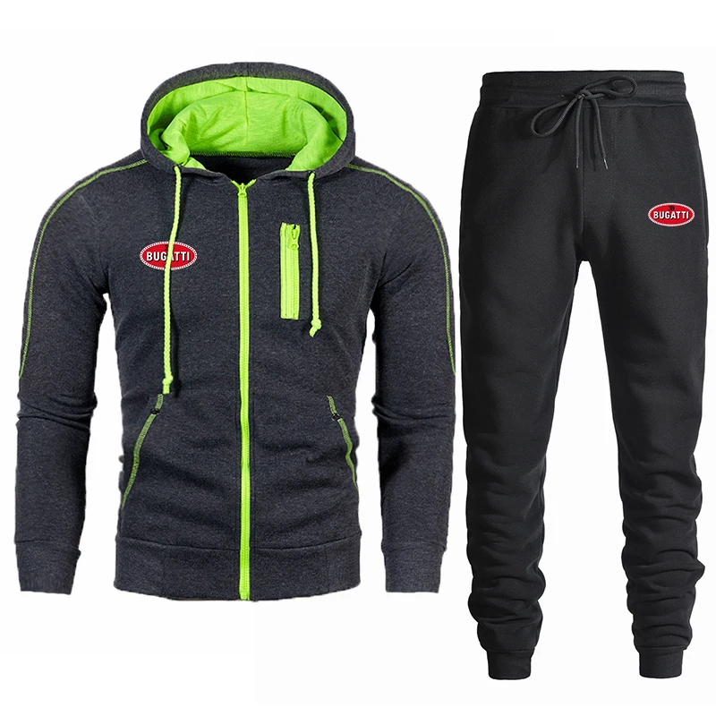 

2021 new BUGATTI car logo pocket zipper sweatshirt casual and comfortable printed hoodie + trousers suit for men and women