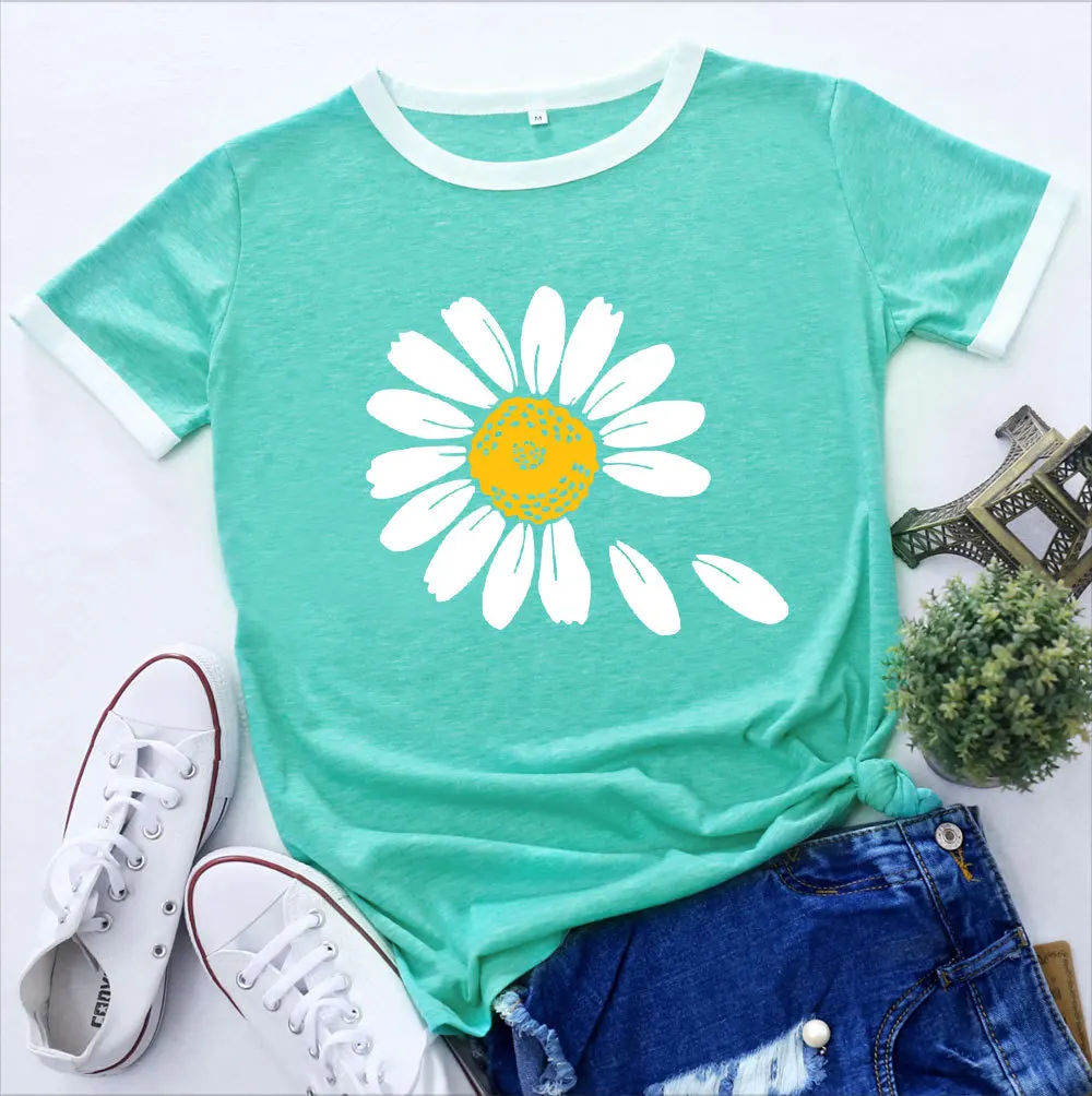 

Woman Tshirt 2021 Summer O-neck Daisy Print T-Shirt Harajuku Graphic Short Sleeve Tee Shirt Female Loose Tops Streetwear Clothes
