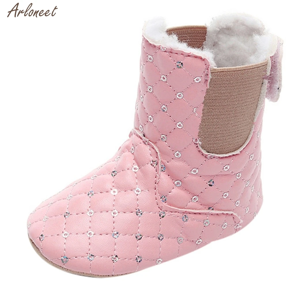 Pink Однотонные зимние теплые ботинки с принтом для новорожденных девочек; обувь для малышей; нескользящая обувь для малышей; - Цвет: Pink