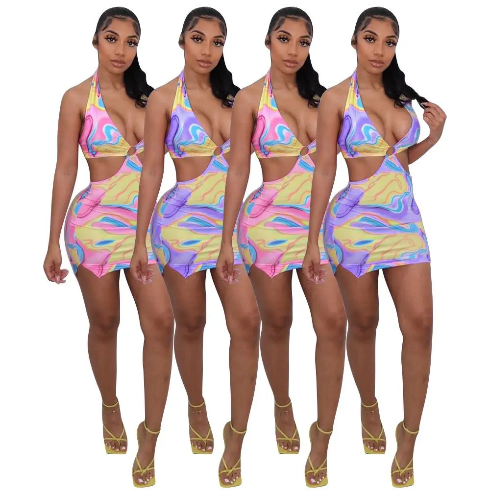 

Женское платье с лямкой на шее, разноцветное мини-платье с принтом и металлическими кольцами, с вырезами и открытой спиной, фотосессия A6072