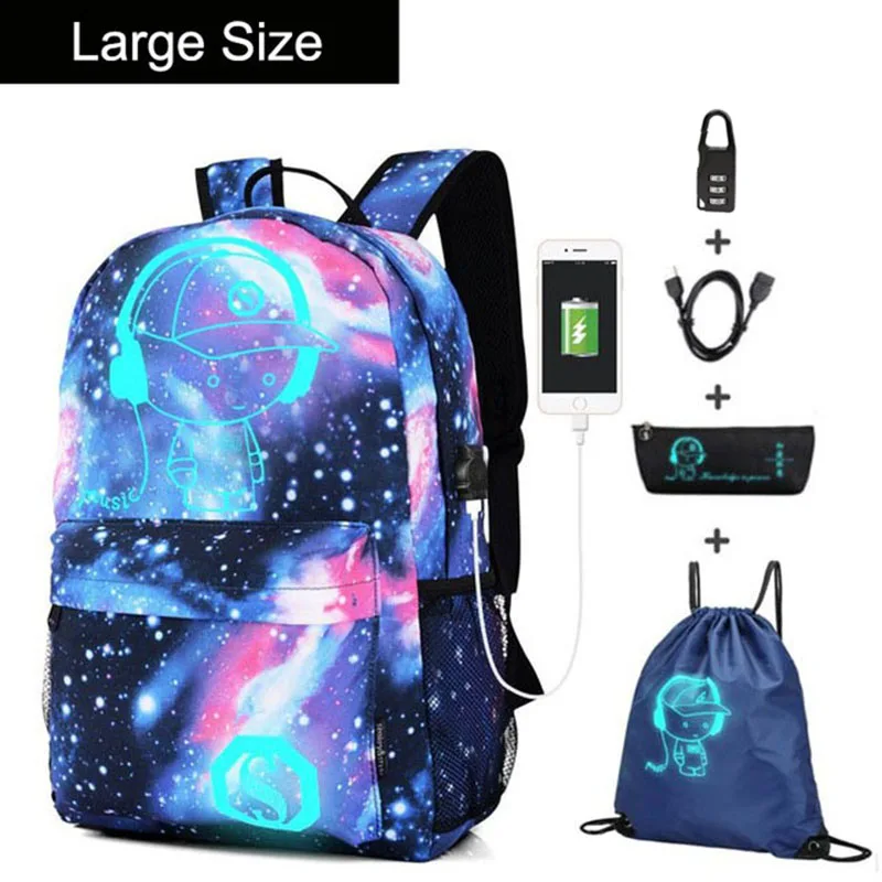C large size 1 set Аниме светящийся Оксфорд школьный рюкзак на плечо до 15,6 дюймов с usb зарядным портом и замком школьная сумка для мальчика черный - Цвет: C large size 1 set
