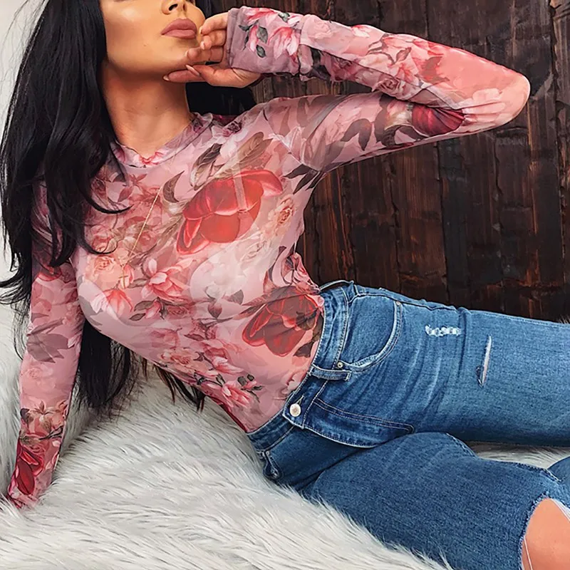 Женская Осенняя модная повседневная сетчатая рубашка с цветочным принтом и