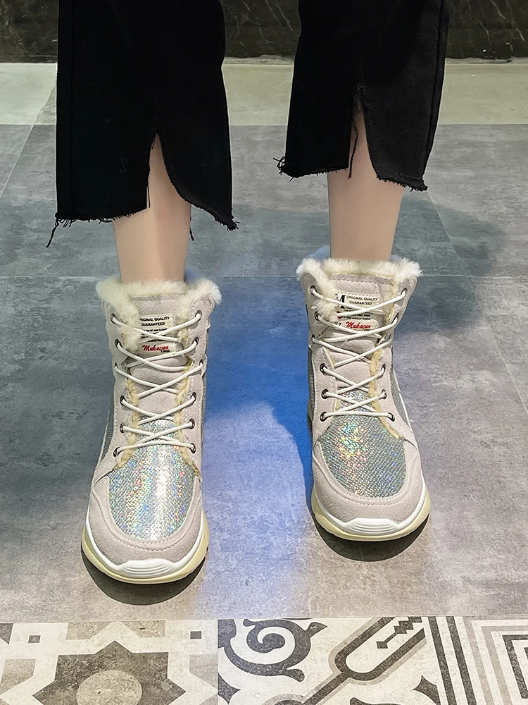 

Snow Boots Women's Boots Fall/winter 2021 New Fashion Warmth Front Lace Thick-soled Non-slip Short Boots Shiny Cotton Shoes