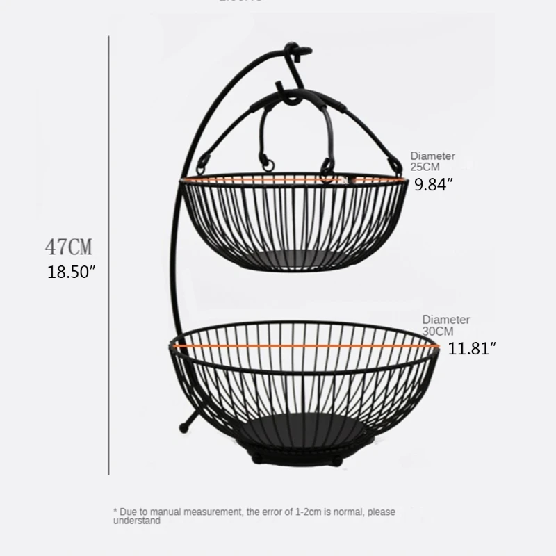 

Household 2-Tier Metal Fruit Basket Removable Bowl with Banana Hanger Hook Adjustable Wrought Iron Kitchen Countertop Vegetable
