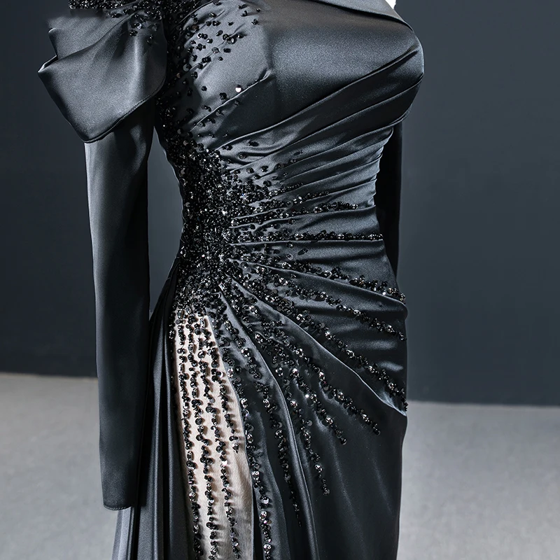 J67153 Removable Long Sleeve Pure Black High Slit A-Line Crystal Party Gowns Evening Dress 2020 Boat Neck فستان زفاف