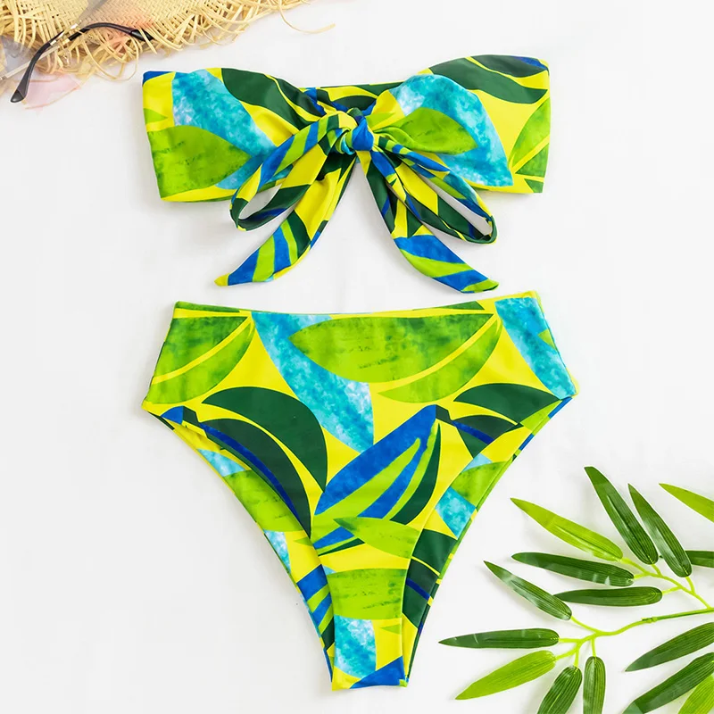 Off Shoulder Print Bikinis High Waist Swimsuit Women Swimwear Push Up Bathing Suit Knotted Bikini Sets Tunic Brazilian Biquini | Женская