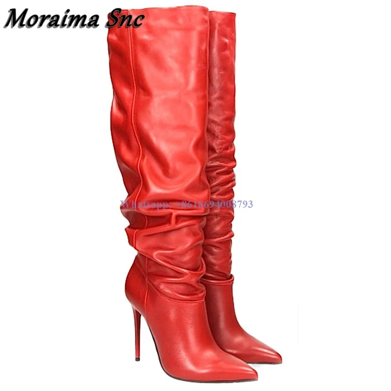 

New Long Pleated Red Boots Slip On Solid Stilettos High Heel Pointed Toe Women Leather Boots Knee High Shoes botas de mujer